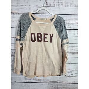OBEY women's Collegiate long sleeve top in Oatmeal/Charcoal size small